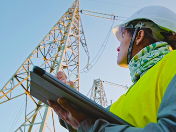 Electrician working with a table looking up at a power supply tower